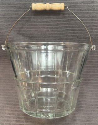 Vintage Anchor Hocking Heavy Clear Glass Bushel Basket Ice Bucket w/ Wood Handle