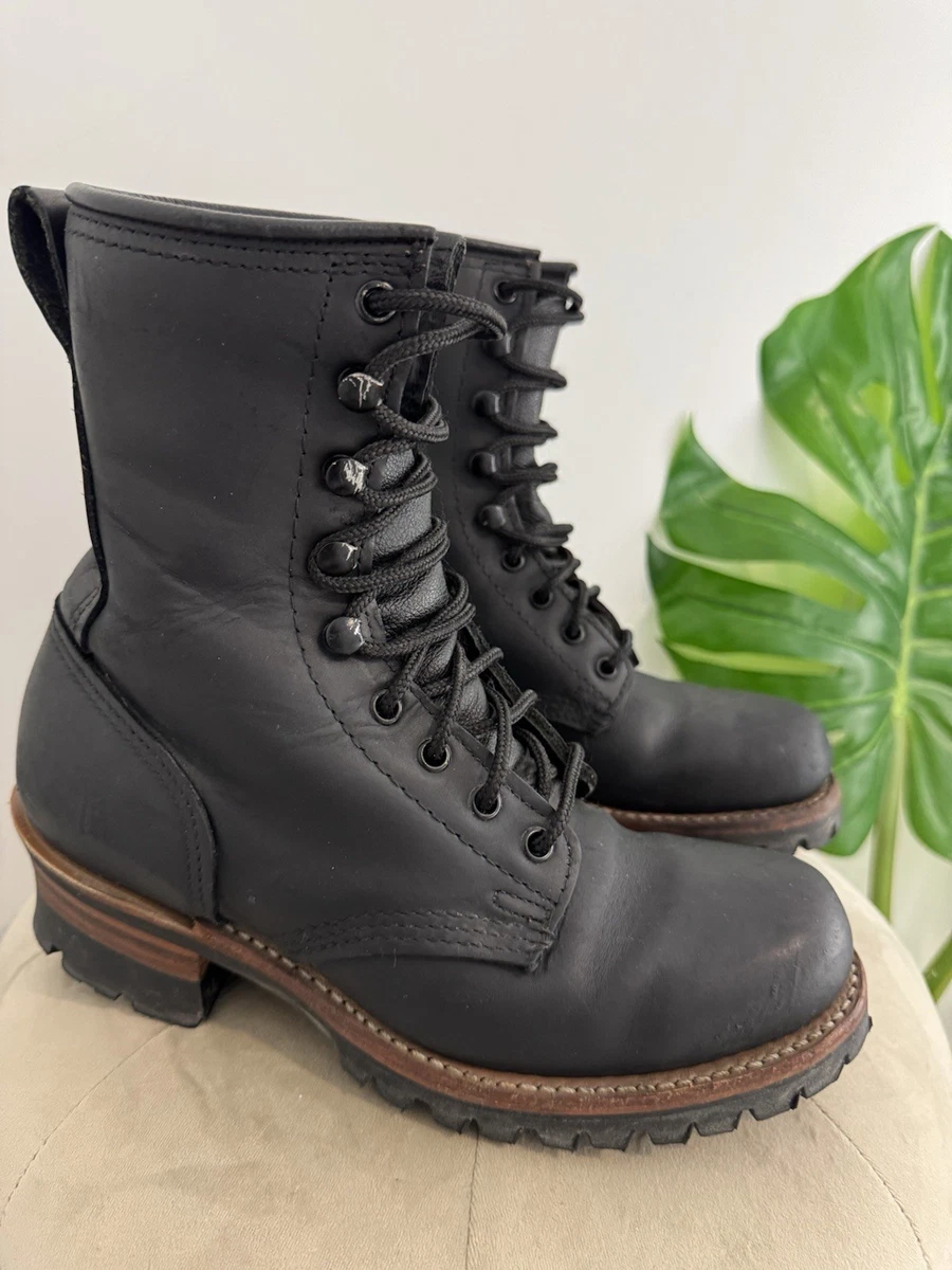 Vtg Frye dark brown logger chunky lug moc toe lace up leather boots Vibram soles VTG Men Frye Logger Boot Size 9 M Brown Leather Lace Up  main image 3