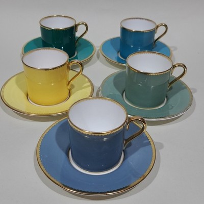 Vintage Aynsley Bone China Harlekin Kaffeetassen & Untertassen Thomas Goode London