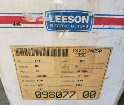 LEESON ELECTRIC MOTOR, 1/4hp, DC 24 Volt, 5/8'' shaft. Part # C42D17NC5A