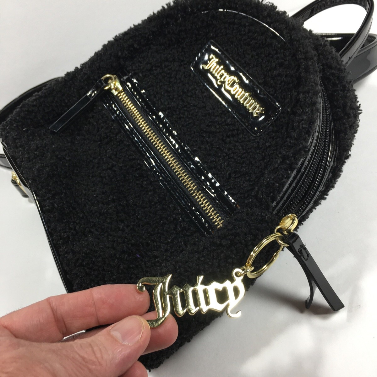 Juicy Couture Black and White Sherpa Backpack Purse Logo Lining Mint Condition Juicy Couture BACKPACK Black Fuzzy Mini Sherpa Logo Zipper  main image 3