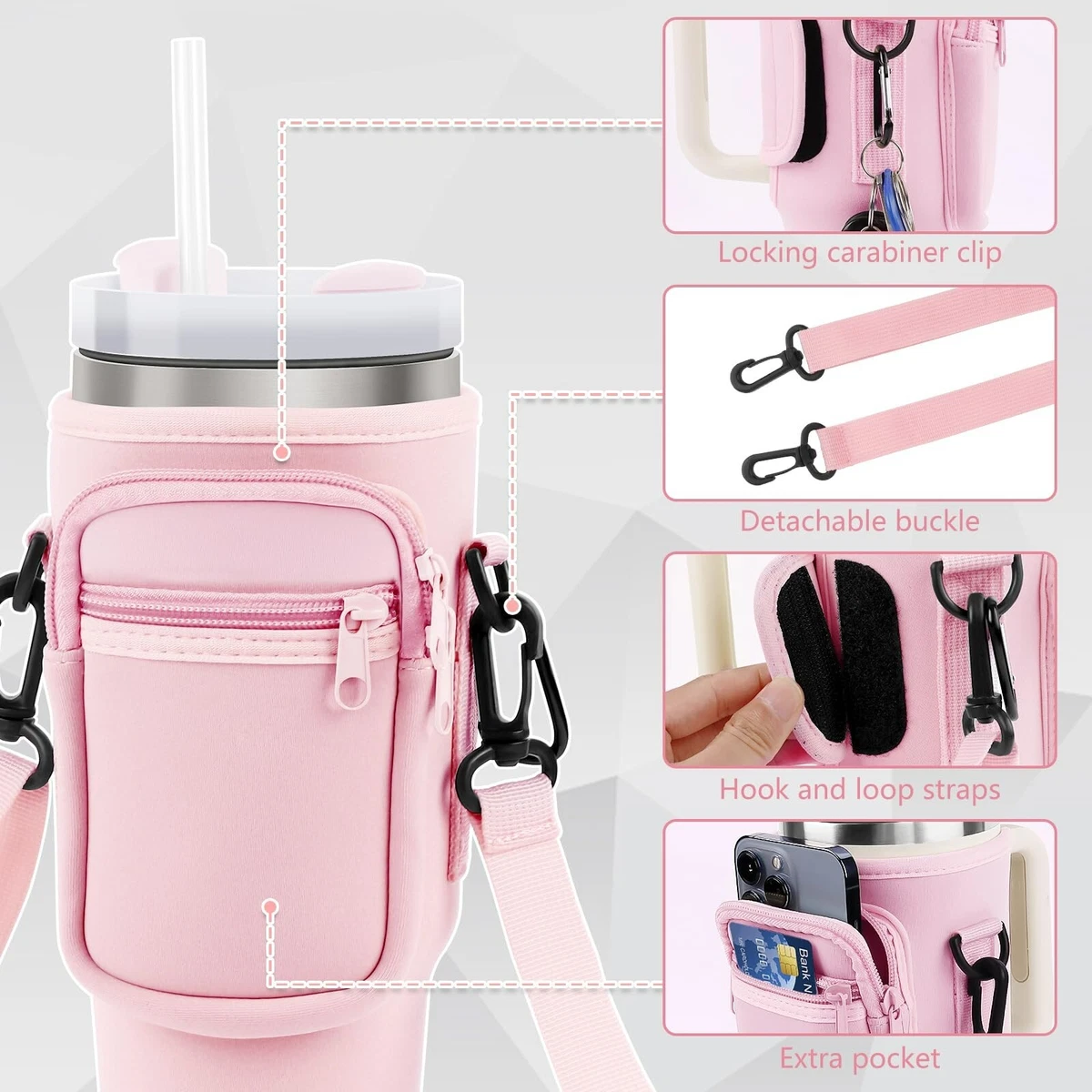 Water Bottle Carrier With Phone Pocket For Stanley Quencher 40 Oz