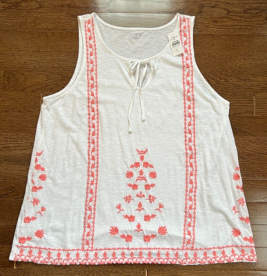 Loft sleeveless top white knit & peach embroidered tie neck boho size L NWT