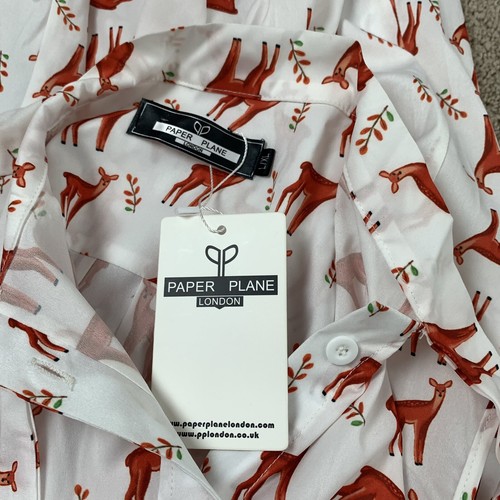 Paper Plane London Shirt Prepper Top Size L XL Button Tie Blouse Deer Print New - Picture 2 of 7
