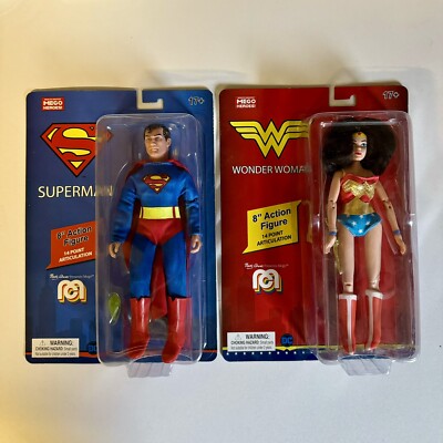 Mego Wonder Woman und Superman 8'' artikulierte Actionfiguren x 2 neu versiegelt
