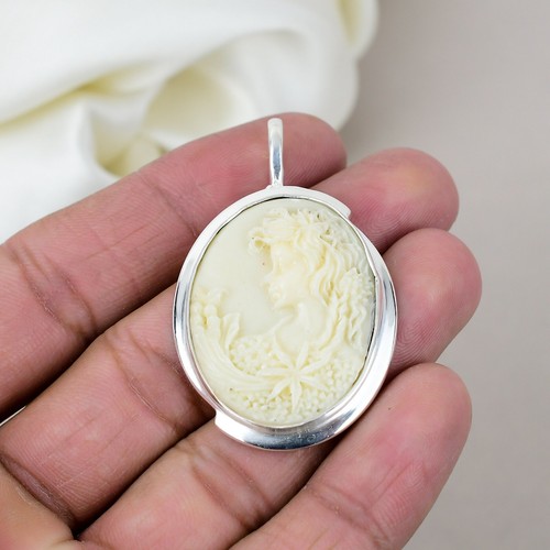 Coral Cameo Gemstone 925 Sterling Silver Statement Pendant Jewelry Birthday Gift - Picture 4 of 5