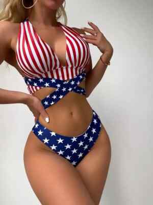 Damen Bikini Zweiteiler Freigegeben Dreieck Mode Amerikanische Flagge Rot 53004