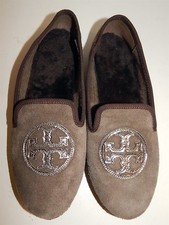 Tory Burch Billy Brown Flannel Shearling Logo Slippers 7 M