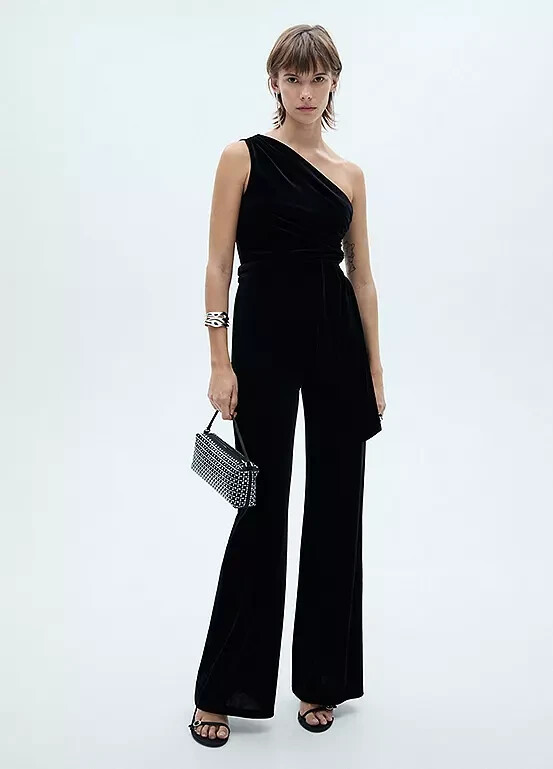 Mango Xmel Mono De Terciopelo Negro Con Un Hombro UK 10