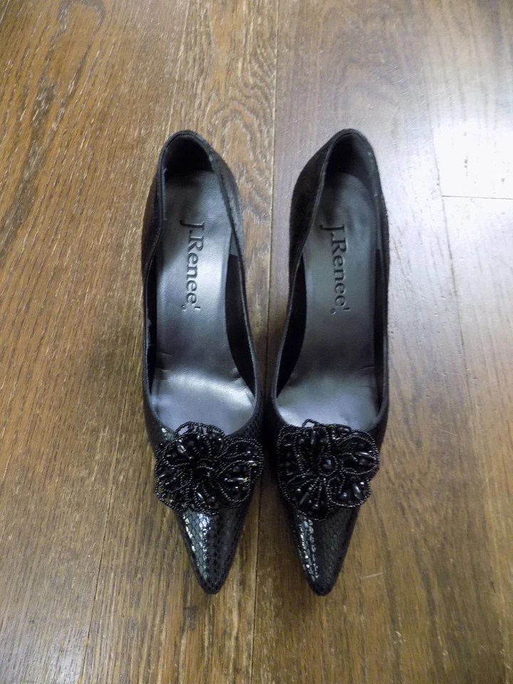 Zapatos de salón J. Renee piel de serpiente negra 3,25" tacones medallones florales con cuentas elegantes talla 8 Foto 2 de 4