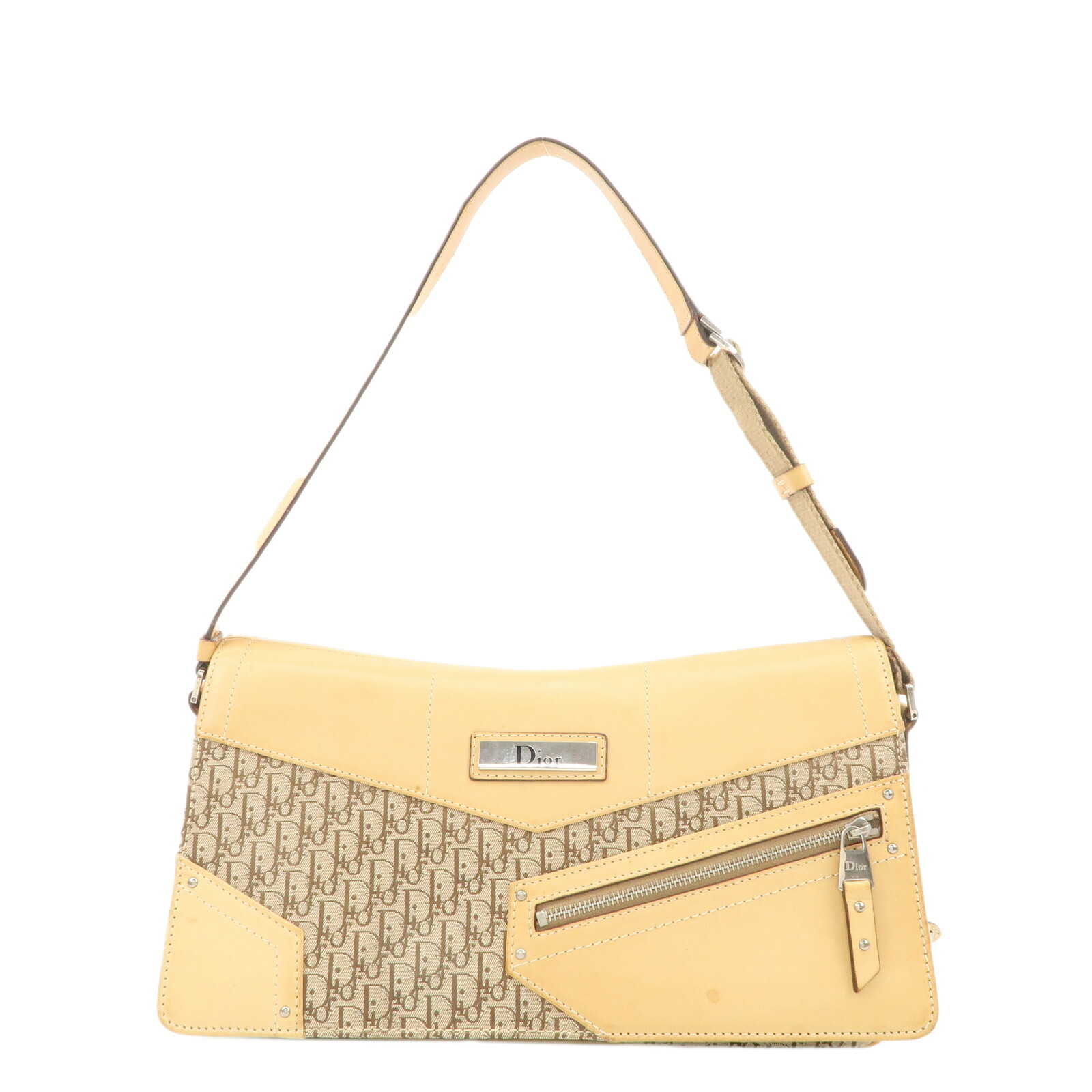 Vintage Christian Dior Trotter Canvas Leather Shoulder Bag Beige Pre-Owned