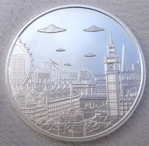 1 oz. 2023 UFO'S over LONDON Big Ben, Parliament alien round BU .999 fine silver