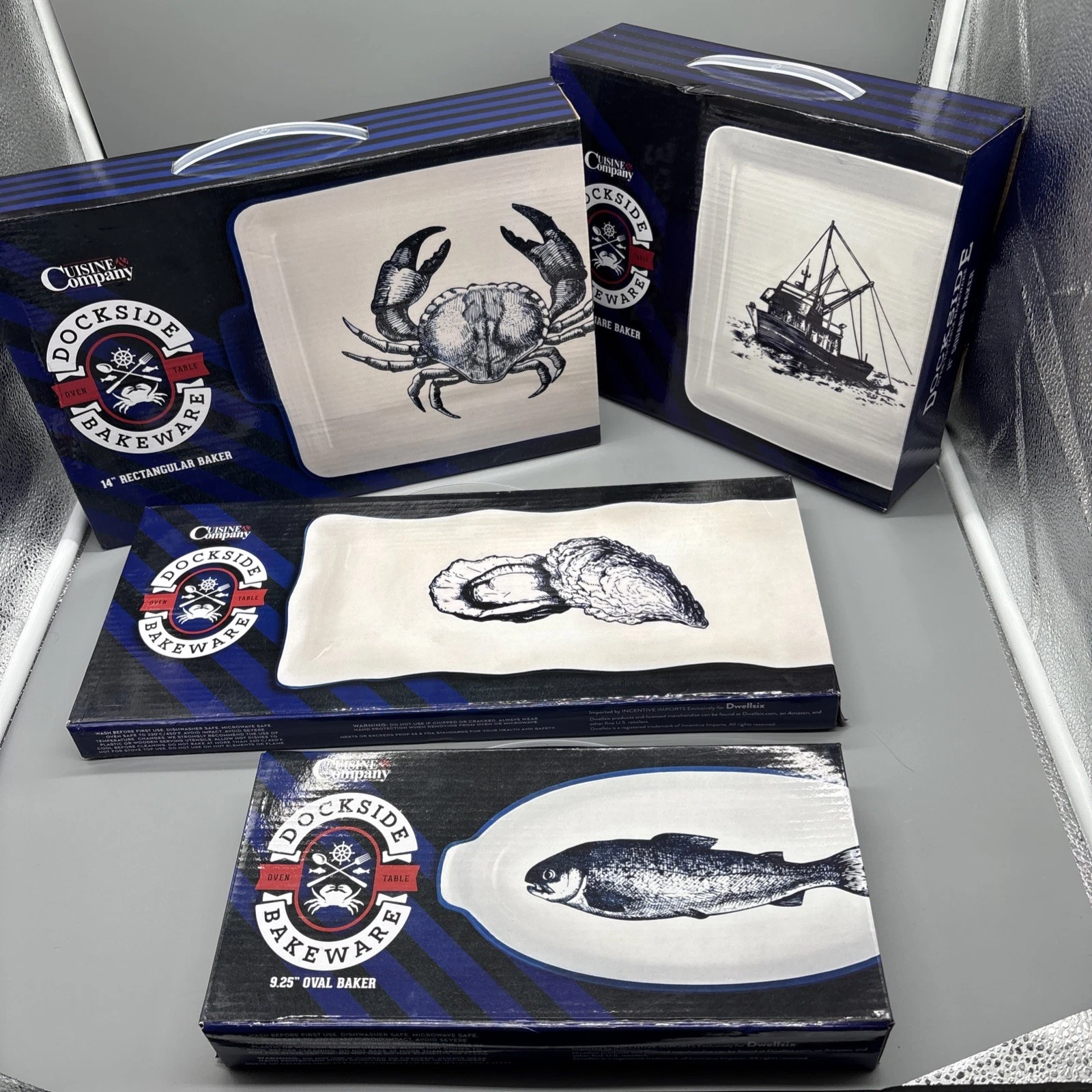 Lot Of 4 Dockside Bakeware Complete Set Baking Dishes Fish Clam Crab Boat