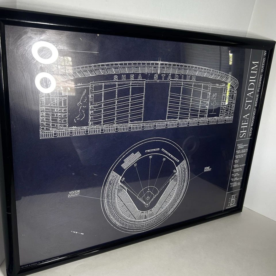 New York Mets Shea Stadium Ballpark Blueprint. Plastic Black Frame.  18x24 - Image 2 of 4
