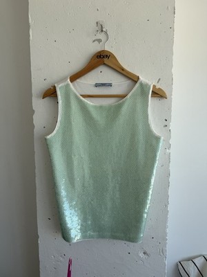 Prada Women s Sequin Tank Top Mint Green/White Scoop Neck Pullover Size M