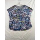 Coldwater Creek Blouse Womens 1X Blue Multi Mosaic Print Short Sleeve Top 22853