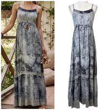 S Twelve Maxi Babydoll Dress M Boho Fairy Peasant Cottage Crochet Tiered Smocked