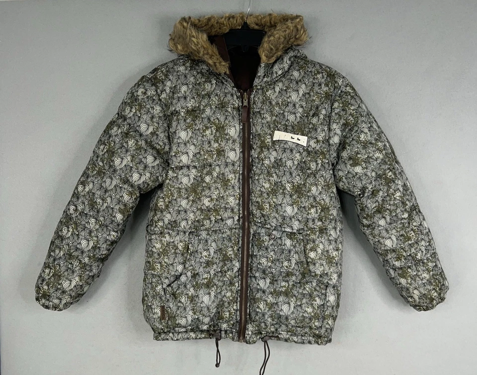 Chaqueta Meca Niños Grande 14-16 Marrón Puffer Imitación Piel Capucha Invierno Reversible Y2K Foto 2 de 4