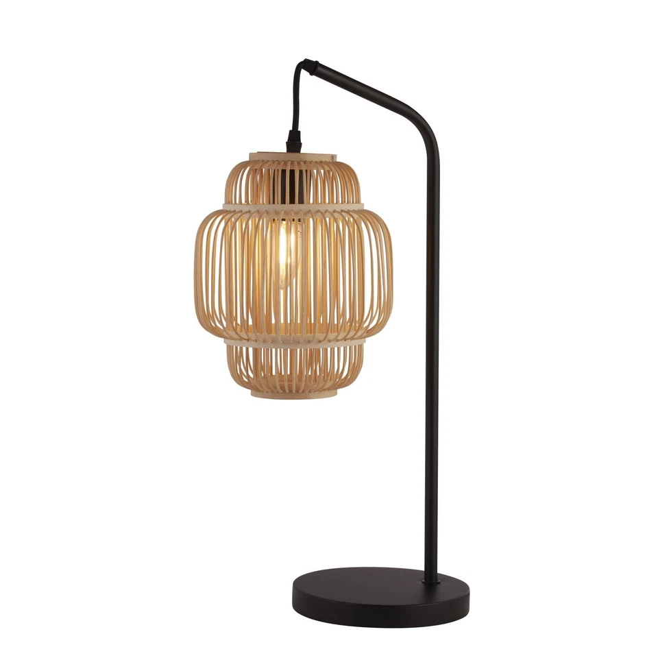 Nachttischlampe Tischleuchte E27 Schwarz Natur 55 cm Metall Bambus Korb Schirm - Bild 1 von 1