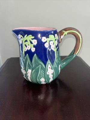 Majolica VTG Cobalt Blue Lilies Of The Valley Pitcher. SPRING/EASTER/WEDDING