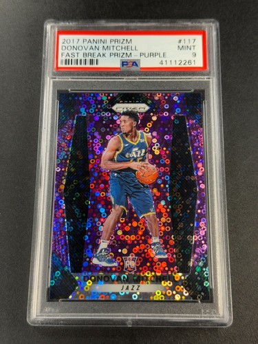 DONOVAN MITCHELL 2017 PANINI PRIZM #117 FAST BREAK PURPLE ROOKIE RC /75 PSA 9