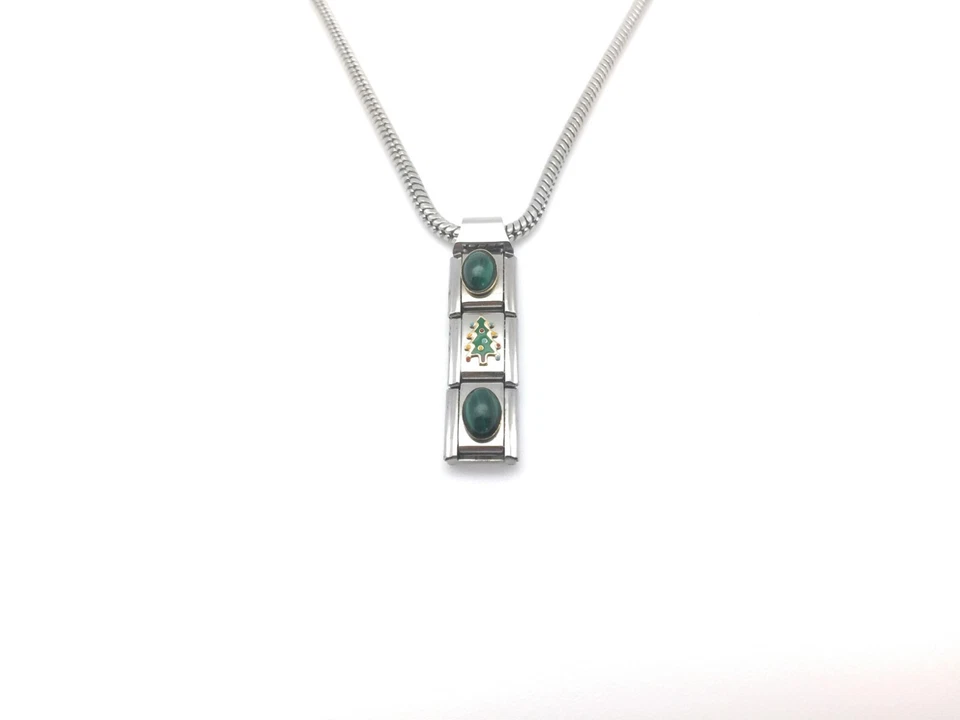 Collar y Pulsera Italiana Dije Eslabones Acero Inoxidable Piedra 18K Esmalte Árbol Foto 4 de 4