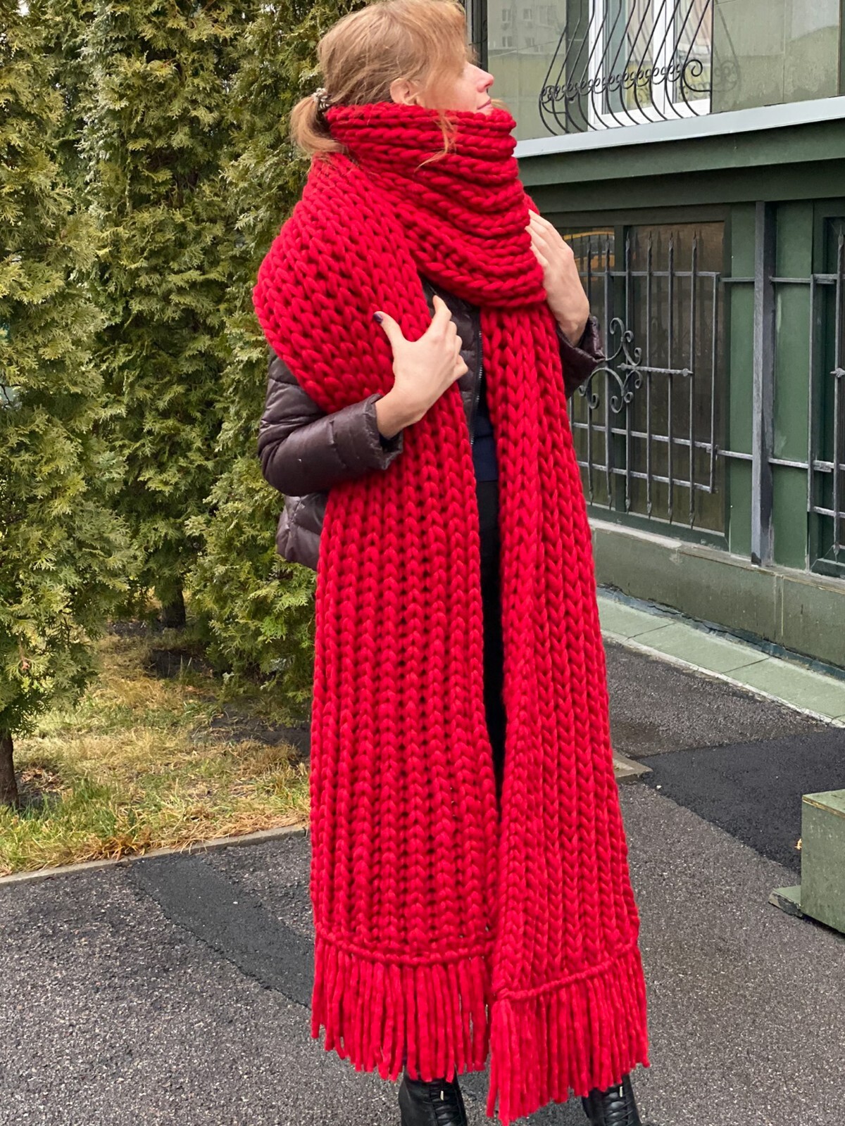 Chunky wool hand knit scarf - Oversized extra long wide fringed blanket ...