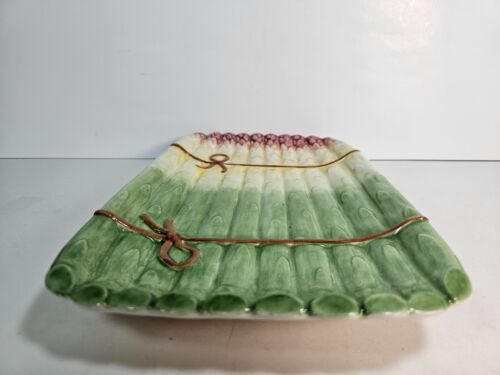 Plato para servir espárragos mayólica vintage verde blanco rosa cinta 12,5" X 7,5" - Imagen 7 de 11
