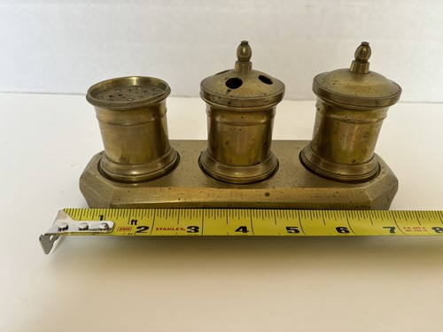 Antique Brass Desk Set Pounce Pot Ink Sand Powder Shaker 1800’s - Picture 4 of 11