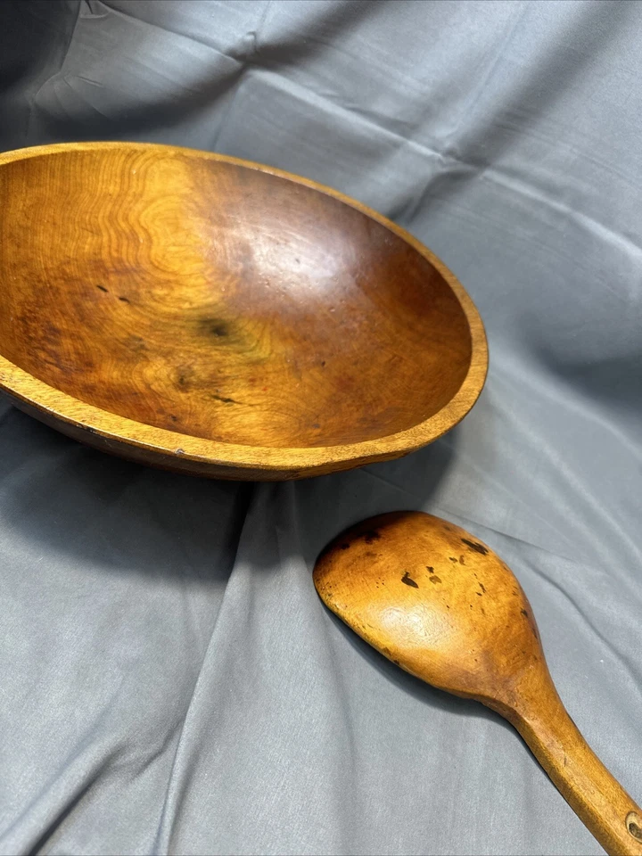 Tazón y cuchara grande de masa de madera antigua temprana de 15"x14"x4" tazón de mantequilla Foto 2 de 4
