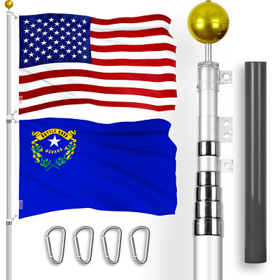 20 Ft Telescoping Flagpole Silver & American and Nevada Flags Emb 300D 3x5Ft