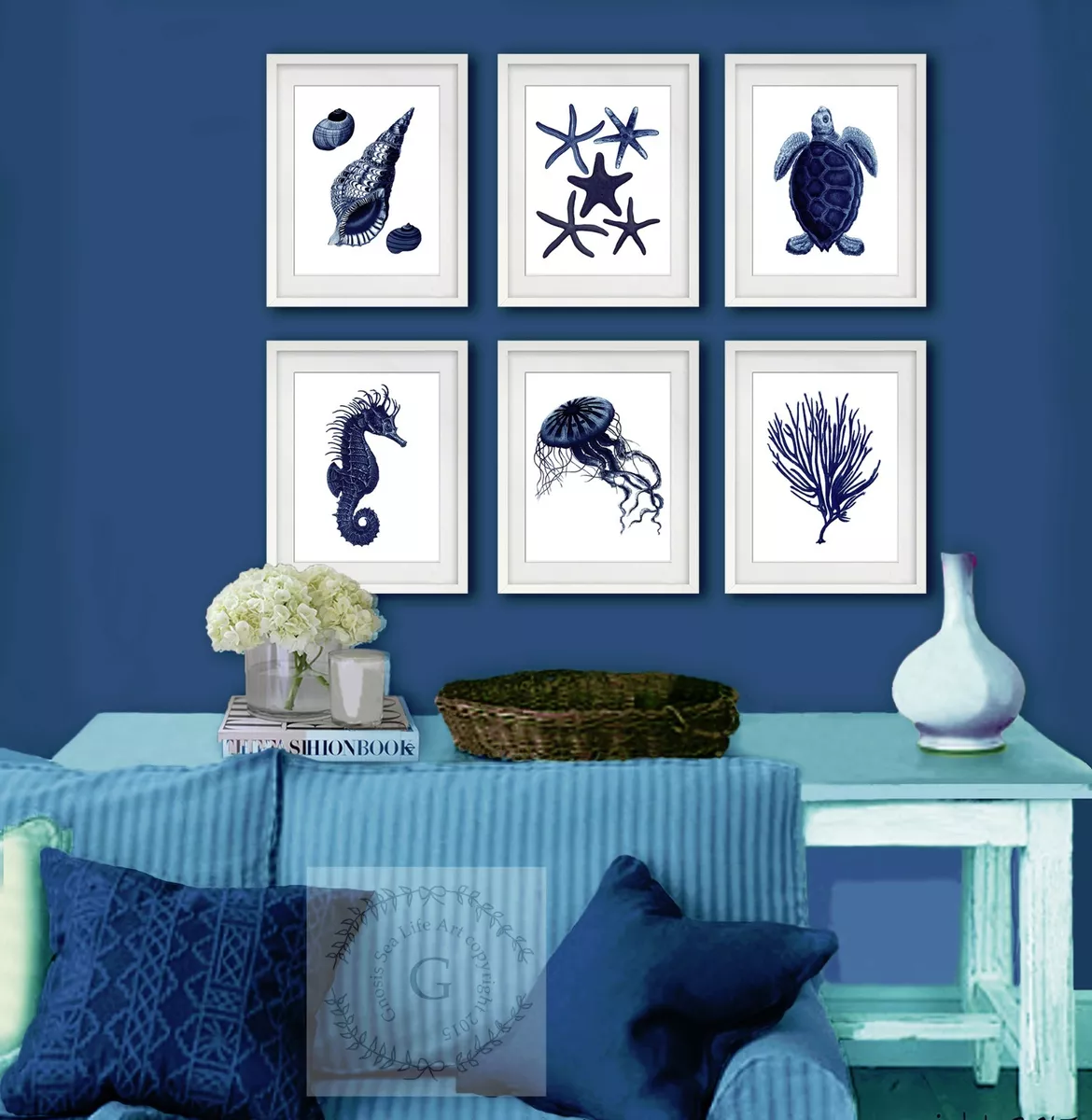 Navy Blue Sea Life Coastal Wall Decor set of 6 Beach Home Decor Unframed  Prints