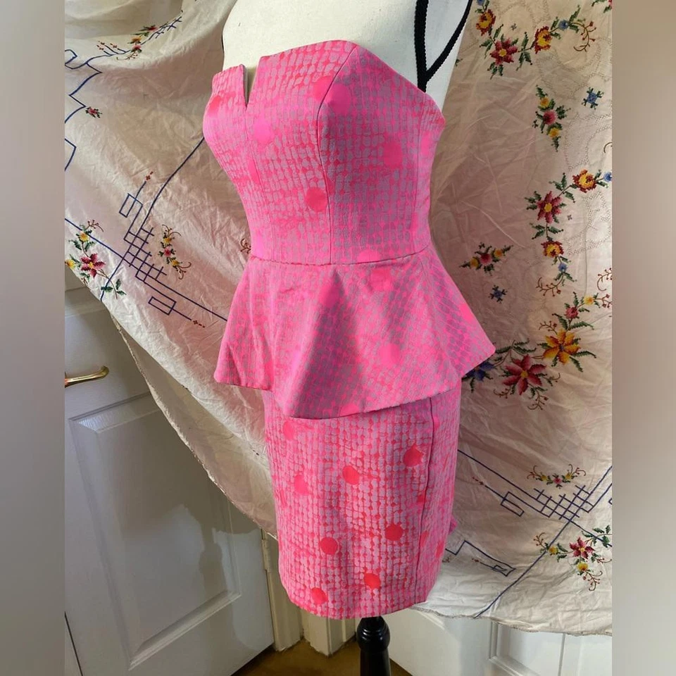 Vintage Nicole Miller Hot Pink Polka Dot Peplum Mini Dress - Image 2 of 4