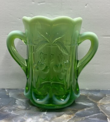 MOSSER SPOONER Cherry Thumbprint Vaseline Glass Opalescent Green Double Handle