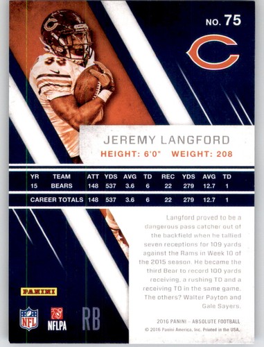 Absolute Jeremy Langford 2016 NFL PWE osos de tarjetas base #75 - Imagen 2 de 2