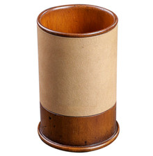 Desktop Pen Stand Tan Leather Wood Holder 4.2" Pencil Cup Office Desk Organizer