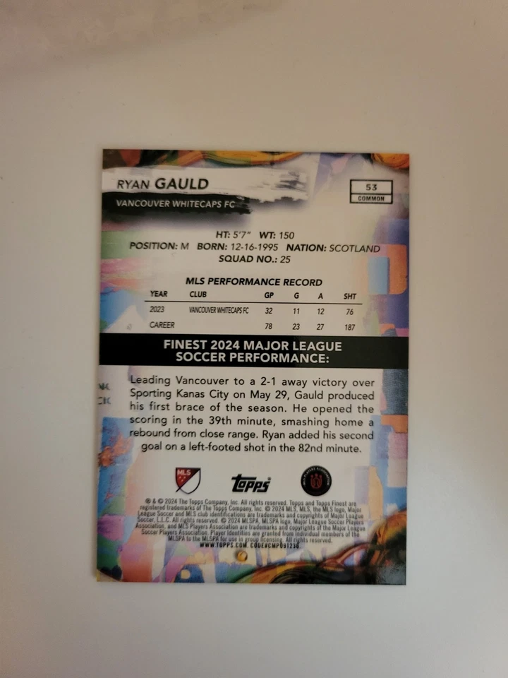 2024 Topps Finest MLS Ryan Gauld refractor rojo 1/10 Foto 3 de 3
