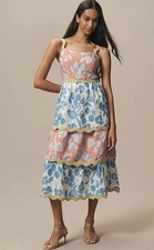 Farm Rio x Anthropologie Linen Blend Tiered Rickrack Midi Dress Size Medium