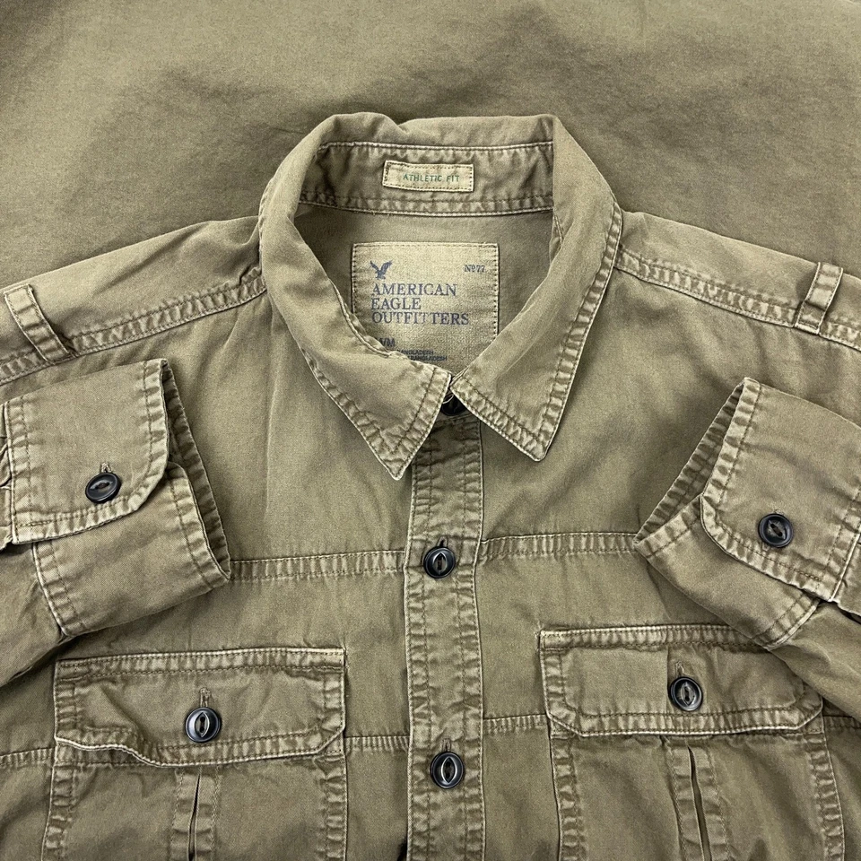 Camisa De Colección Y2K American Eagle Hombres Mediana Denim Abotonada Ejército Militar Safari Foto 2 de 4