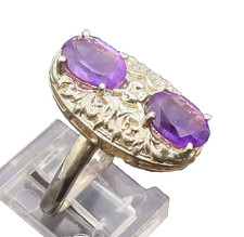 925 Sterling Silver Vintage Ring Hammered Effect Oval Amethyst Sz 9 RG27614