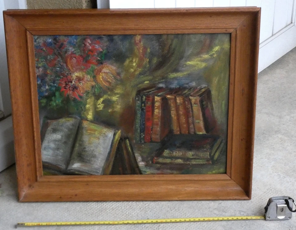 BELLE NATURE-MORTE IMPRESSIONNISTE 1930..LIVRES & BOUQUET DE FLEURS "VANGOGHIEN" - Photo 2/4