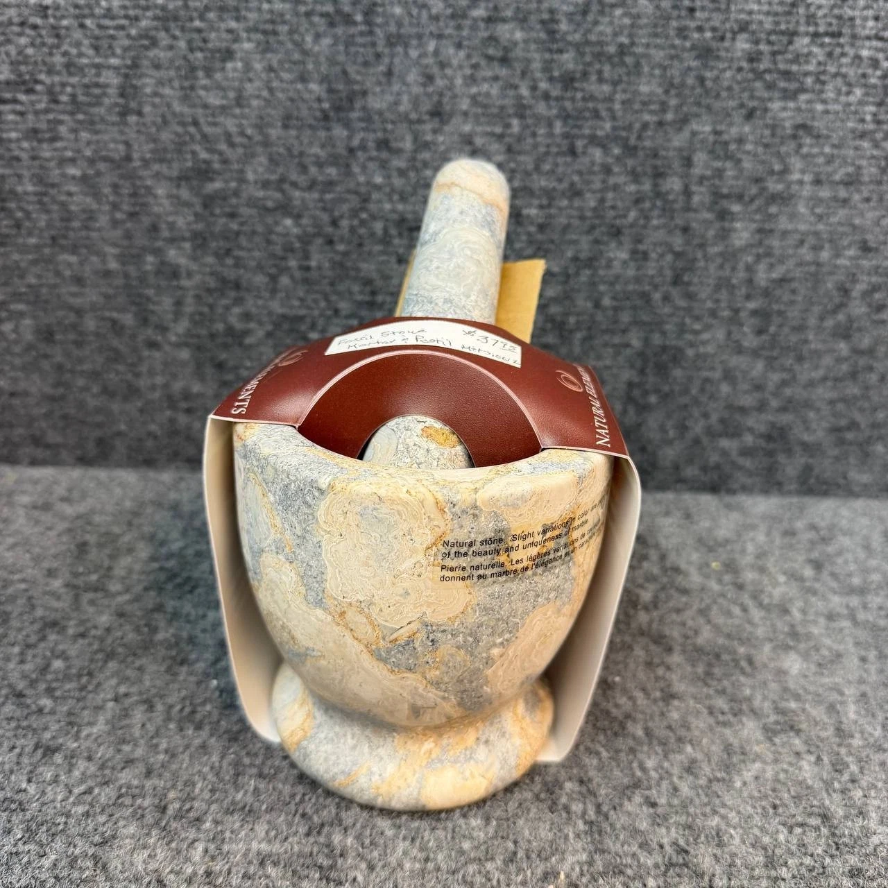 Natural Elements Fossil Stone Mortar & Pestle Set Spice Grinder Made In Taiwan