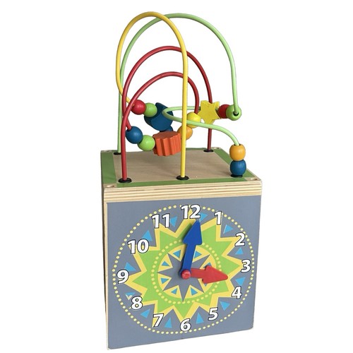 Child's Activity Cube Learning Wooden Toy Clock Fish Mirror Beads Toys R Us 14”