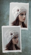 crochet womans handmade flower hat beanie aran cream puffs USA new