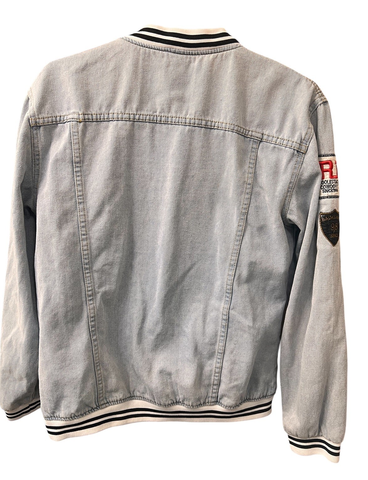 Vintage Style Patchwork Denim Varsity Jacket Bomb… - image 7