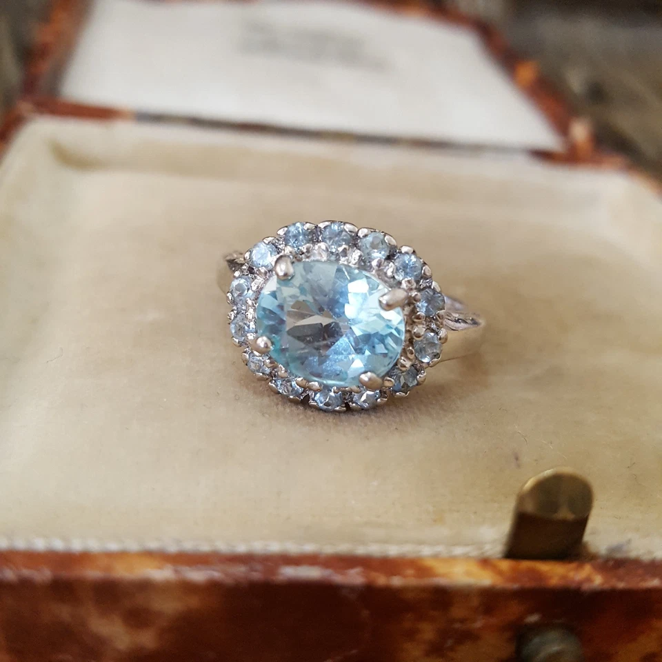 Anel feminino de prata esterlina 925, halo de topázio azul, tamanho O.5 EUA 7.5, prata 925  - Imagem 2 de 4