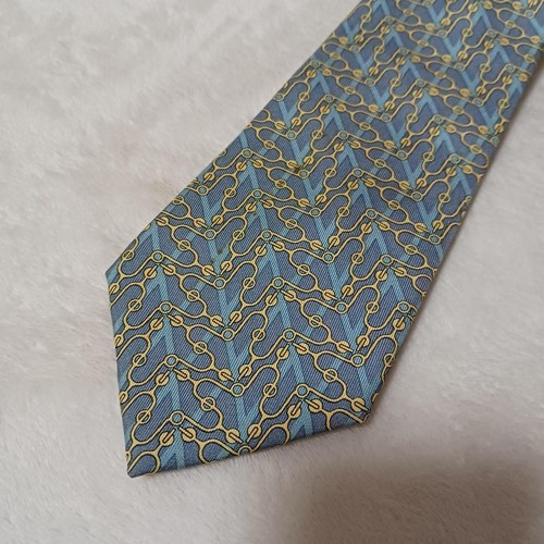 HERMES Necktie Tie Green all-over pattern 100% Silk made in France J4673 - Picture 10 of 24