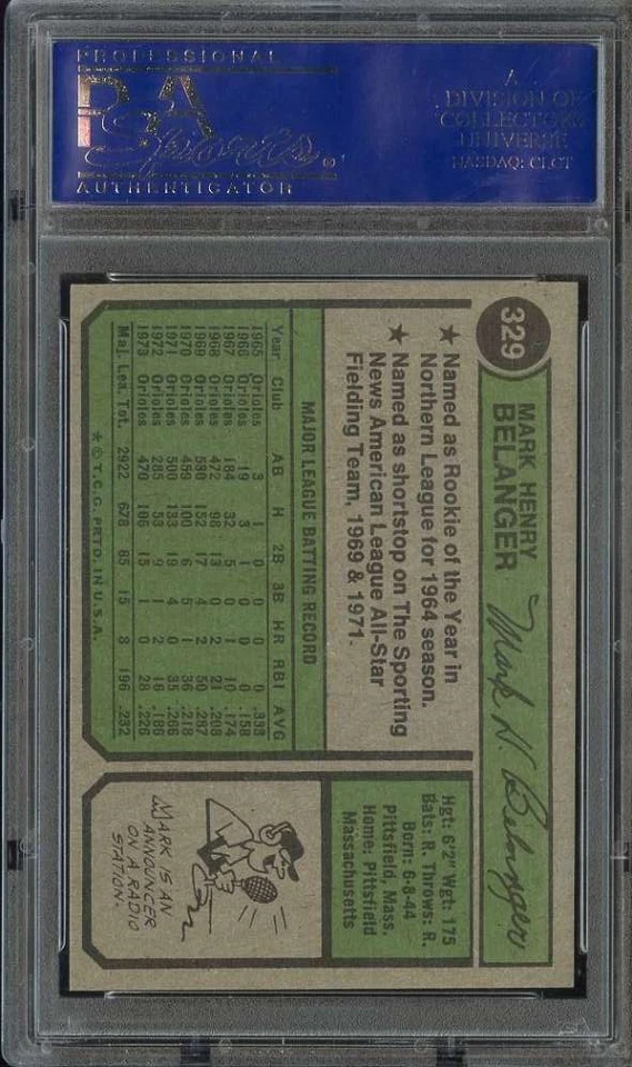 1974 TOPPS #329 MARK BELANGER PSA 9 ORIOLES *B74318 - Image 2 of 2