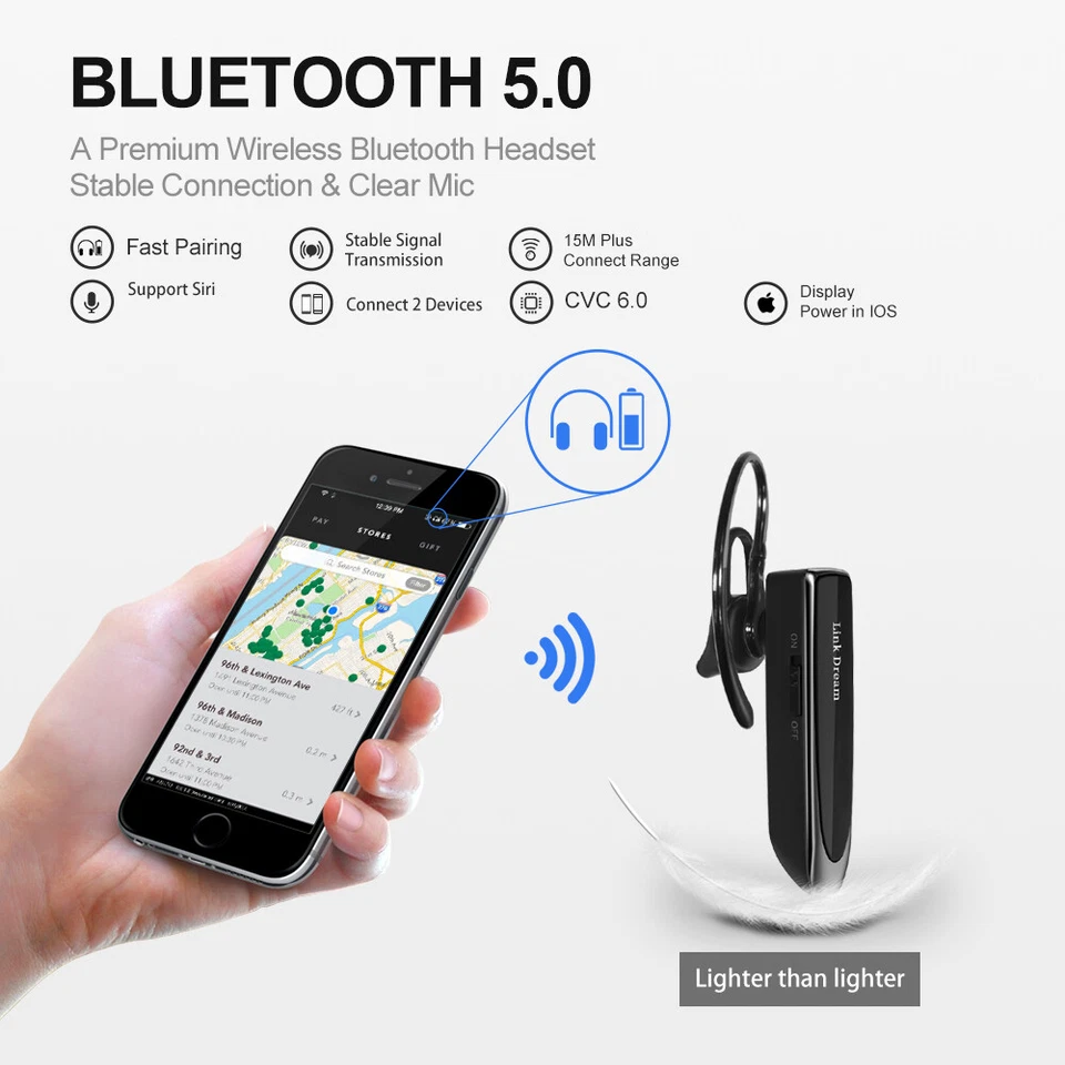 Bluetooth 5.0 Headset Earpiece Noise Cancelling Headset Great for Driving BLACK - Image 3 of 4