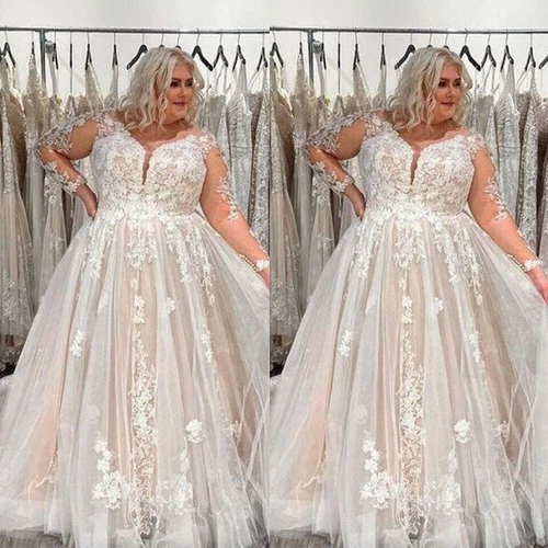 Light Champagne Plus Size Wedding Dresses Lace Appliques A Line Bridal Gowns - Picture 2 of 10